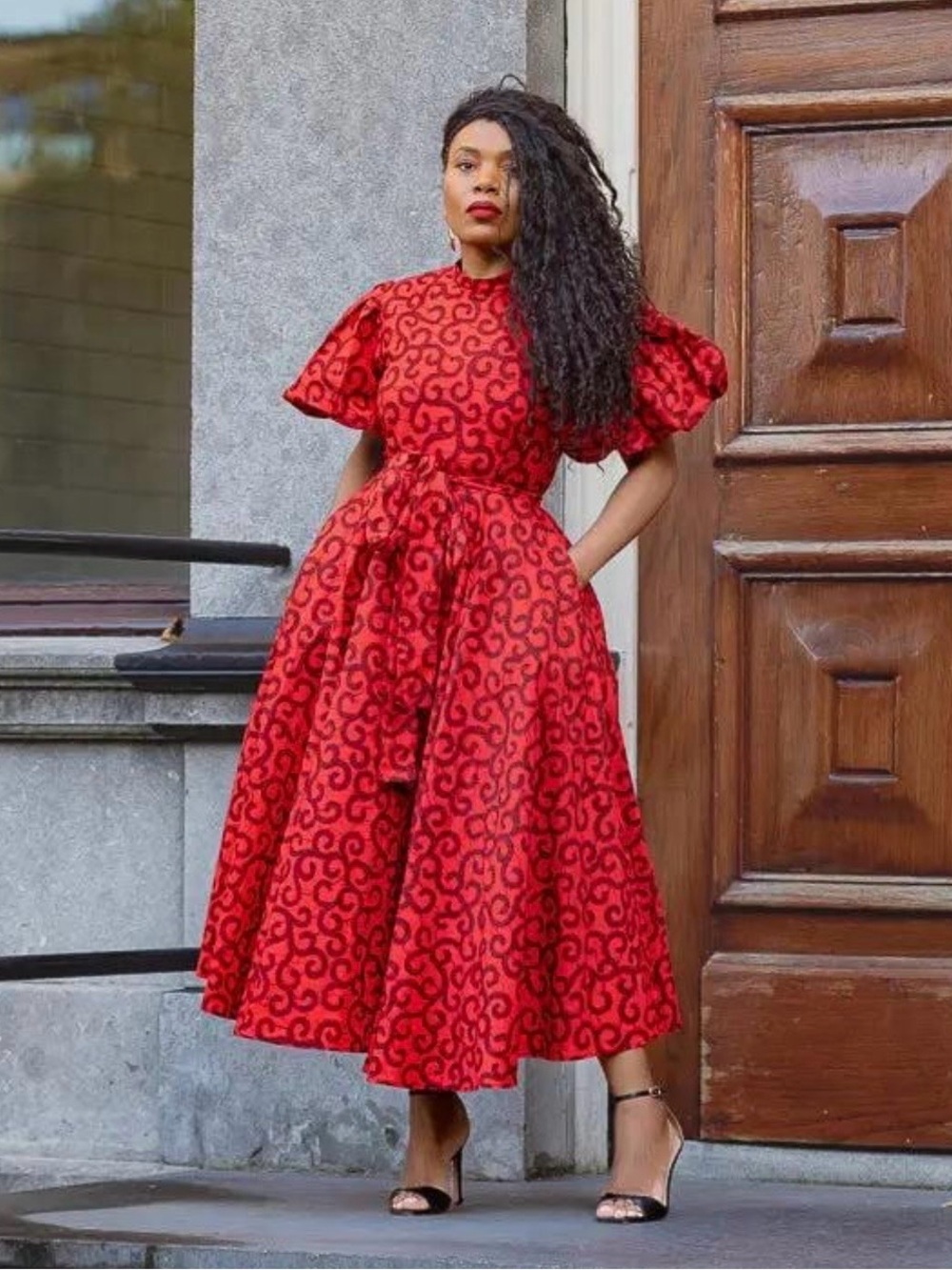 Red Patterned Puff-Sleeve Midi Dress
